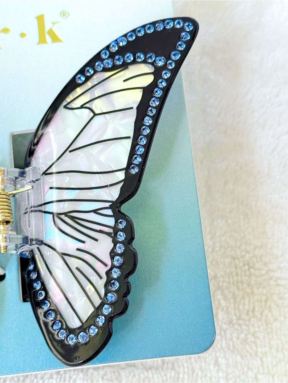 Piper K Iridescent Blue Butterfly Hair Claw Clip w/ Rhinestones - Picture 3 of 6